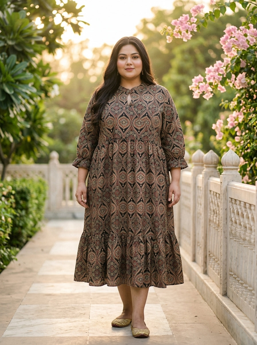 Black Cotton Flared Frock Style Plus Size-600041