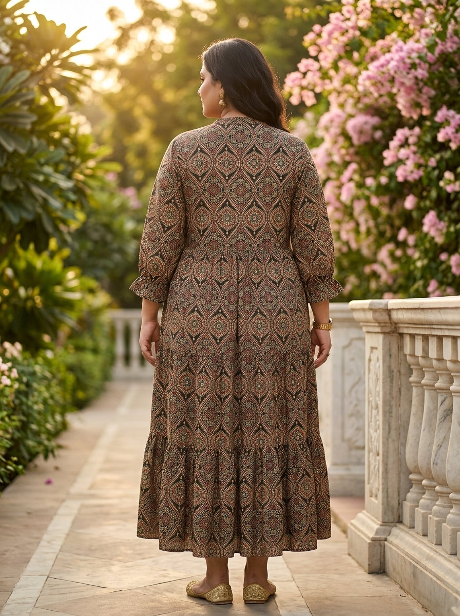 Black Cotton Flared Frock Style Plus Size-600041