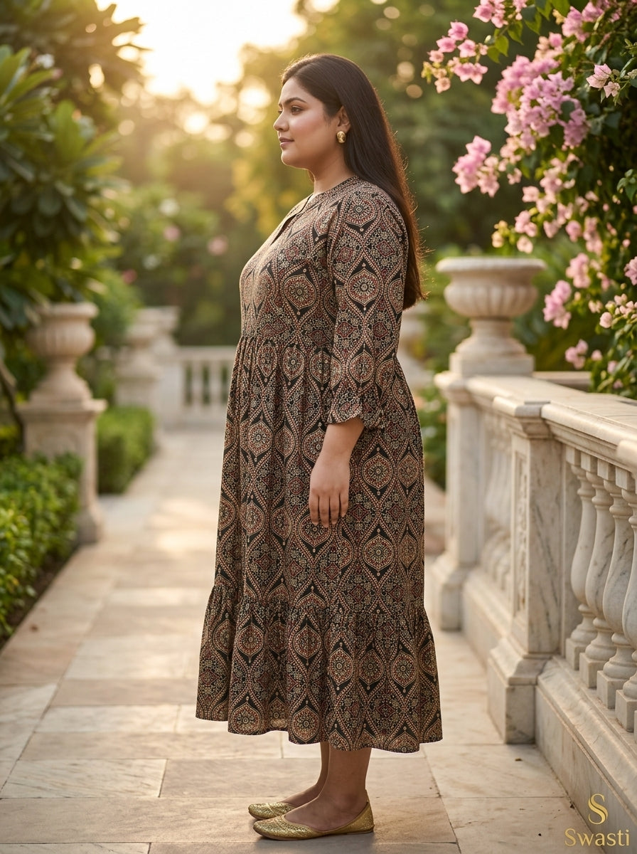 Black Cotton Flared Frock Style Plus Size-600041