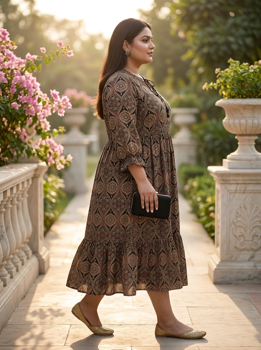 Black Cotton Flared Frock Style Plus Size-600041
