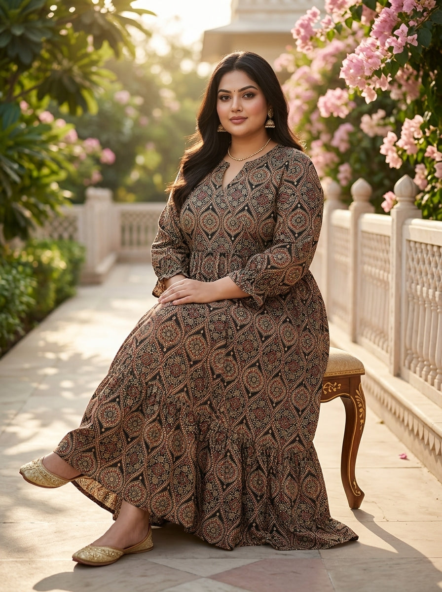 Black Cotton Flared Frock Style Plus Size-600041
