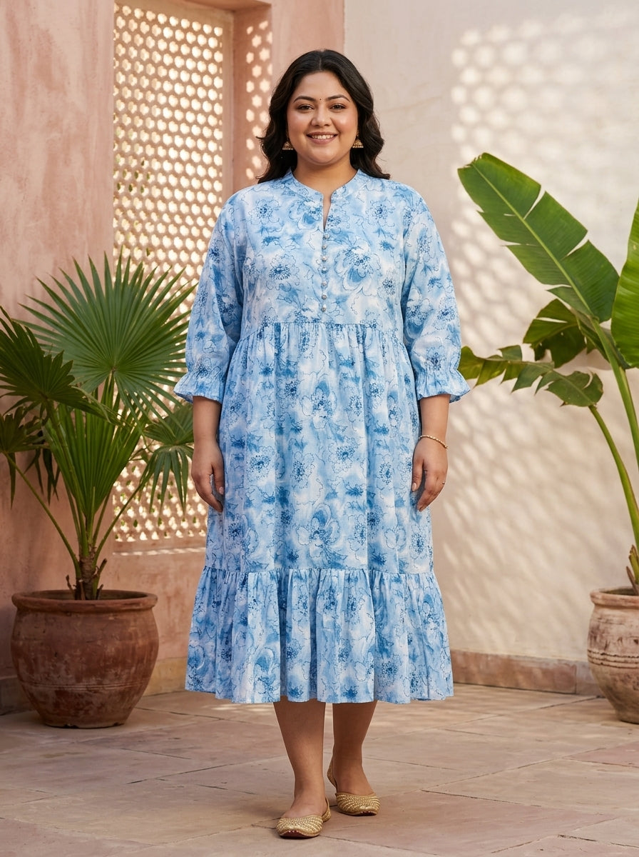 Blue Cotton Flared Frock Style Plus Size-600042 Main image