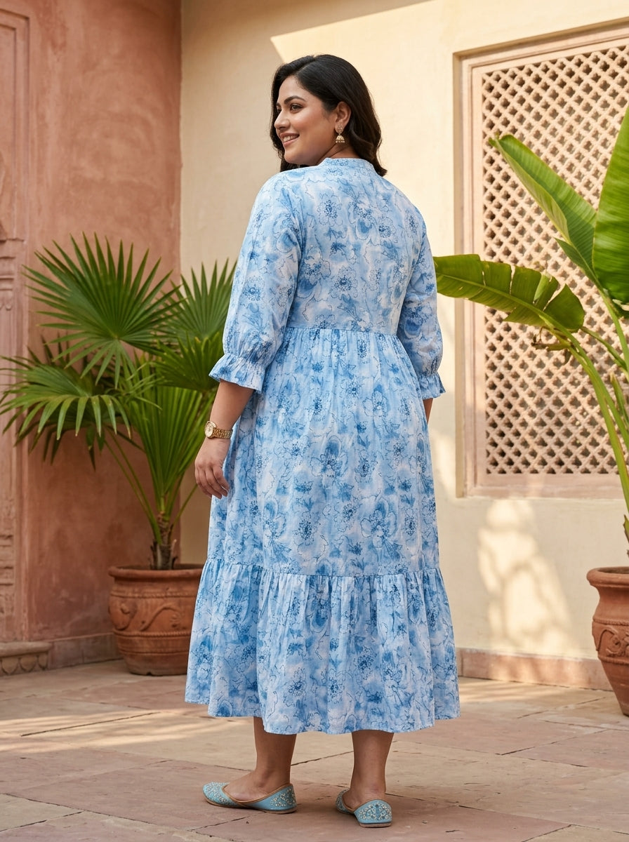 Blue Cotton Flared Frock Style Plus Size-600042 Secondary image