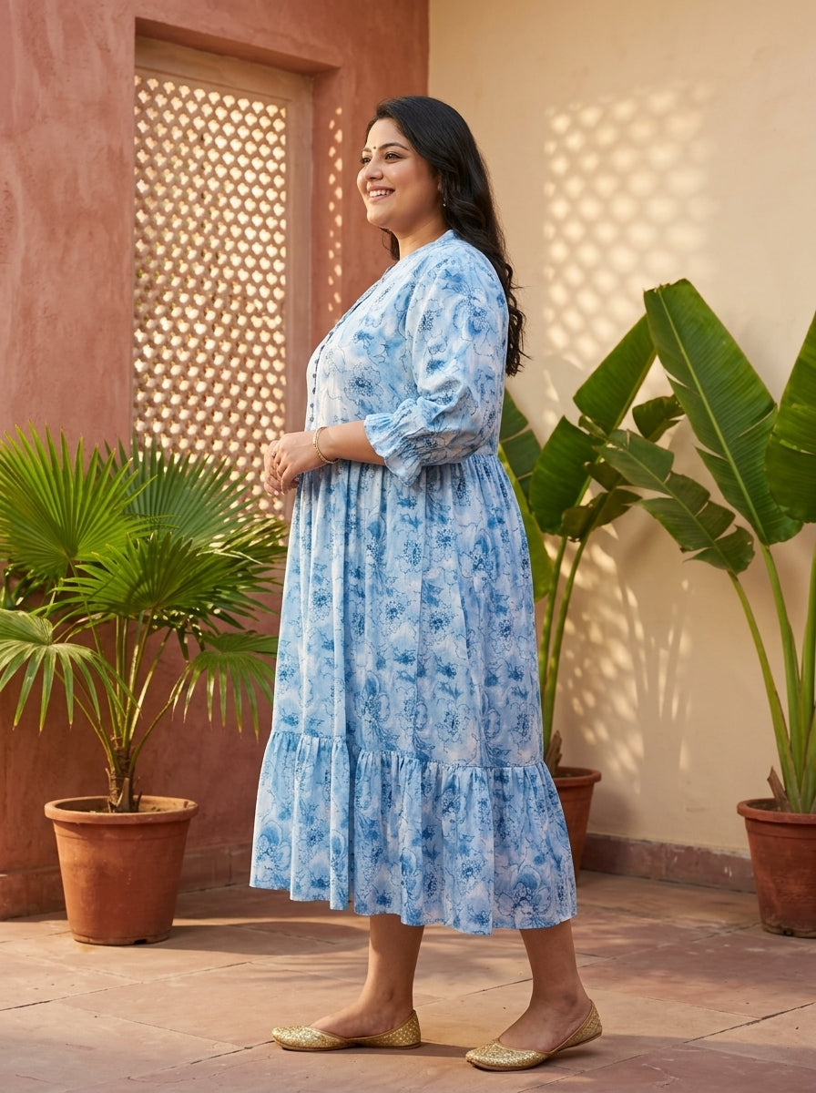 Blue Cotton Flared Frock Style Plus Size-600042
