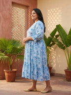 Blue Cotton Flared Frock Style Plus Size-600042