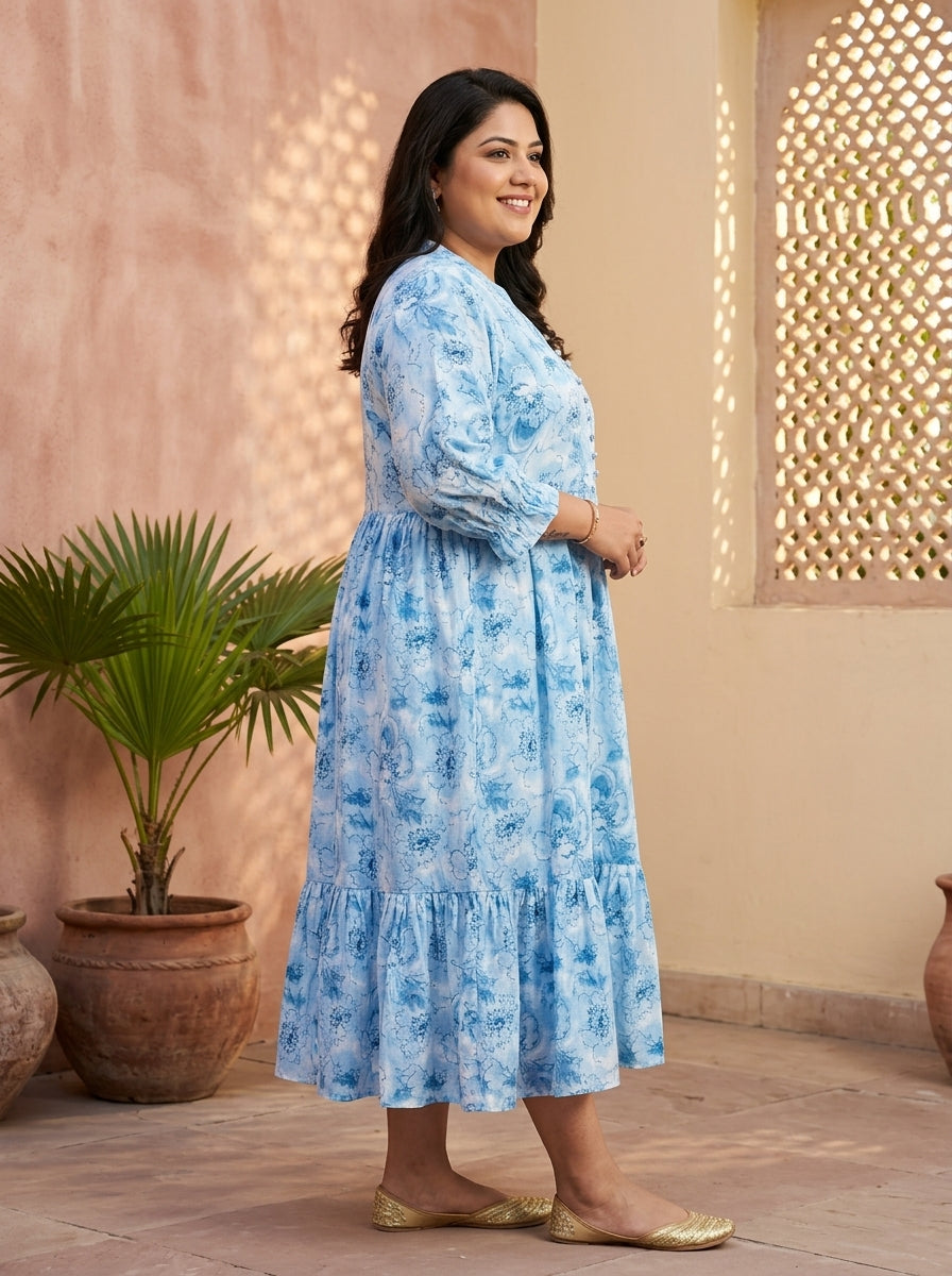 Blue Cotton Flared Frock Style Plus Size-600042
