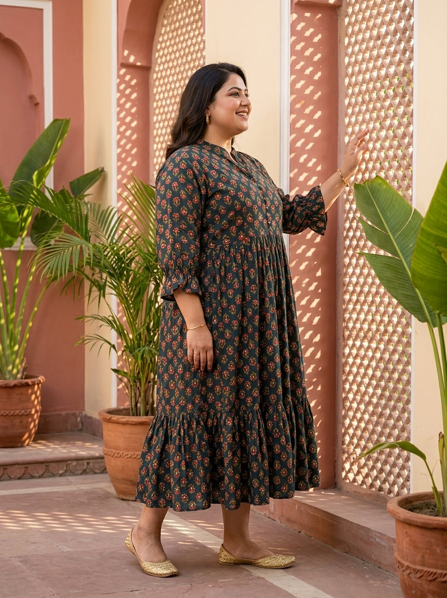 Green Cotton Flared Frock Style Plus Size-600043
