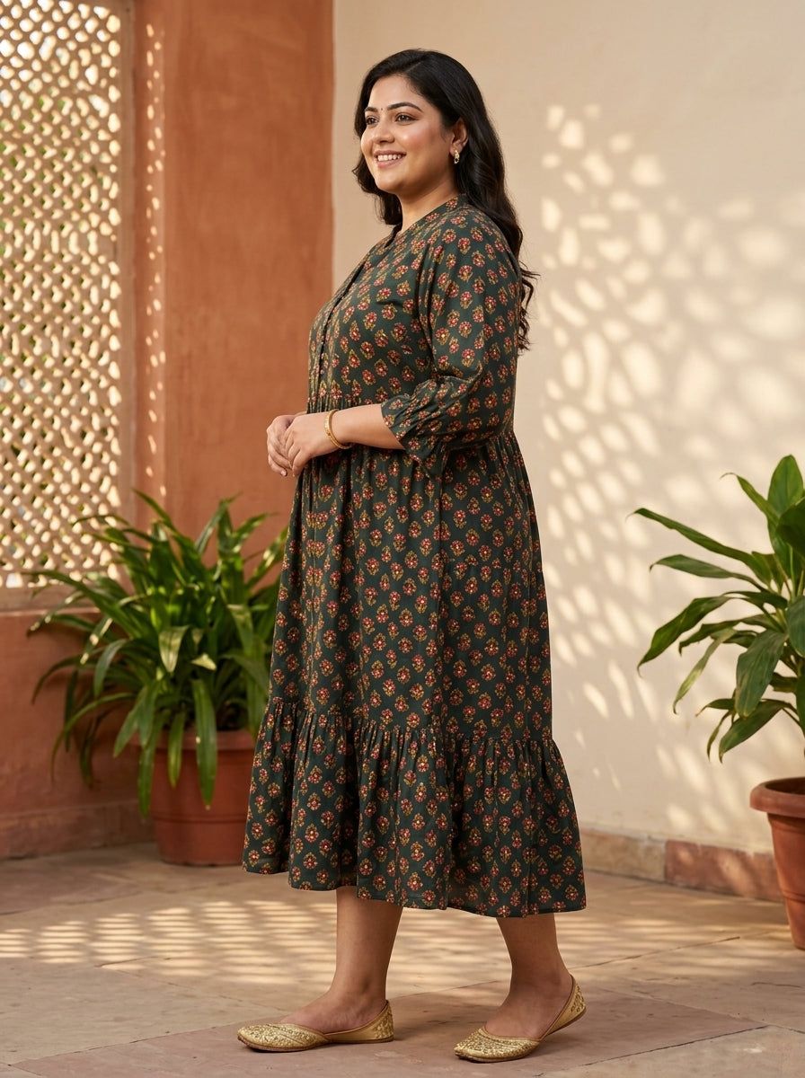 Green Cotton Flared Frock Style Plus Size-600043