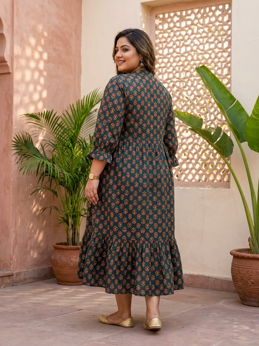 Green Cotton Flared Frock Style Plus Size-600043