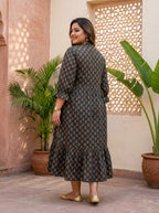 Green Cotton Flared Frock Style Plus Size-600043