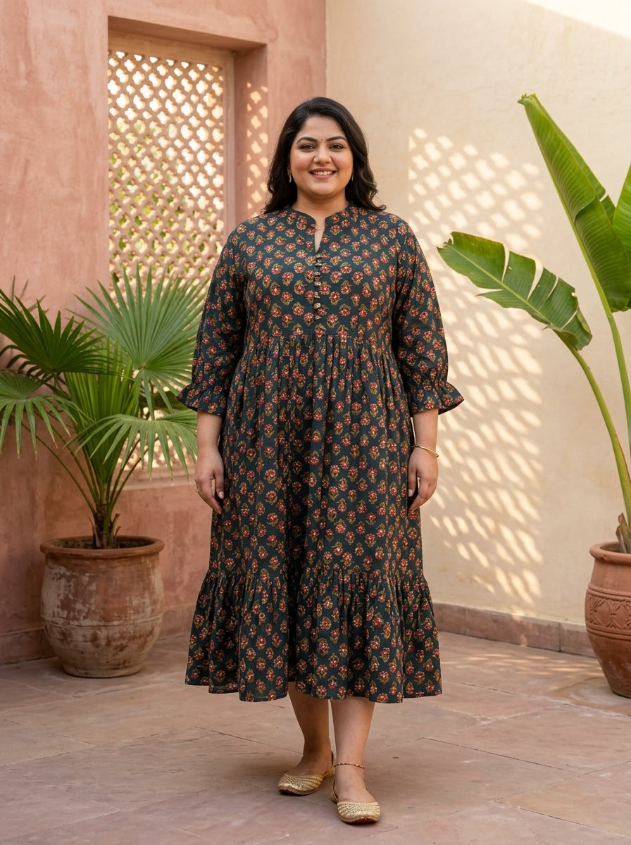 Green Cotton Flared Frock Style Plus Size-600043