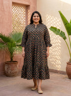 Green Cotton Flared Frock Style Plus Size-600043