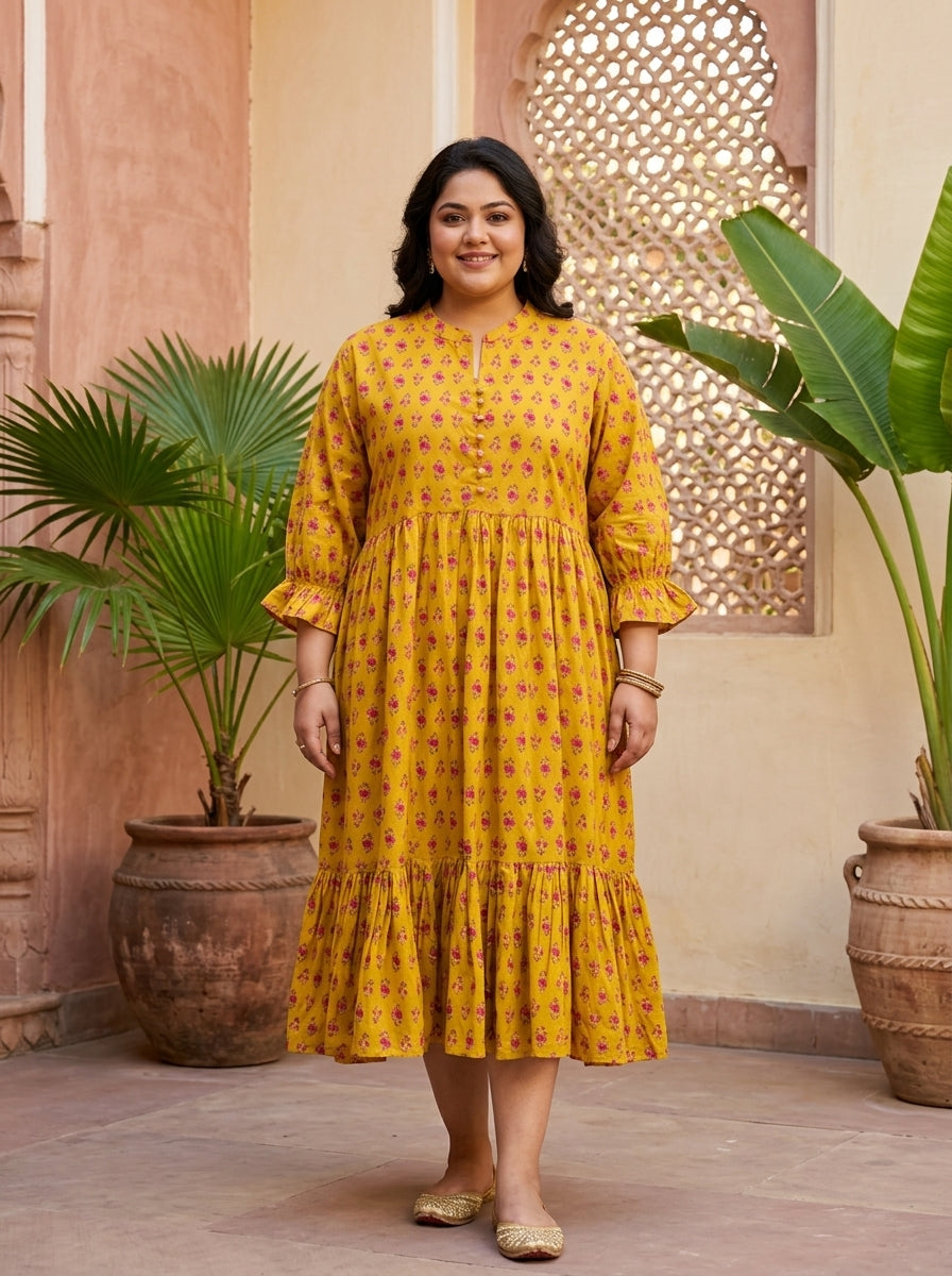 Plus Size Yellow Cotton Flared Frock Style-600044