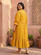 Plus Size Yellow Cotton Flared Frock Style-600044