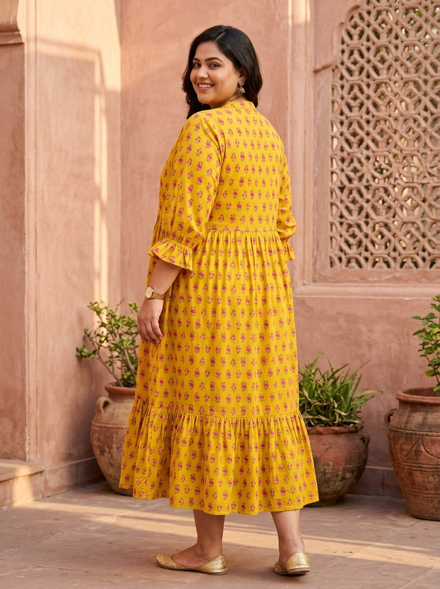 Plus Size Yellow Cotton Flared Frock Style-600044