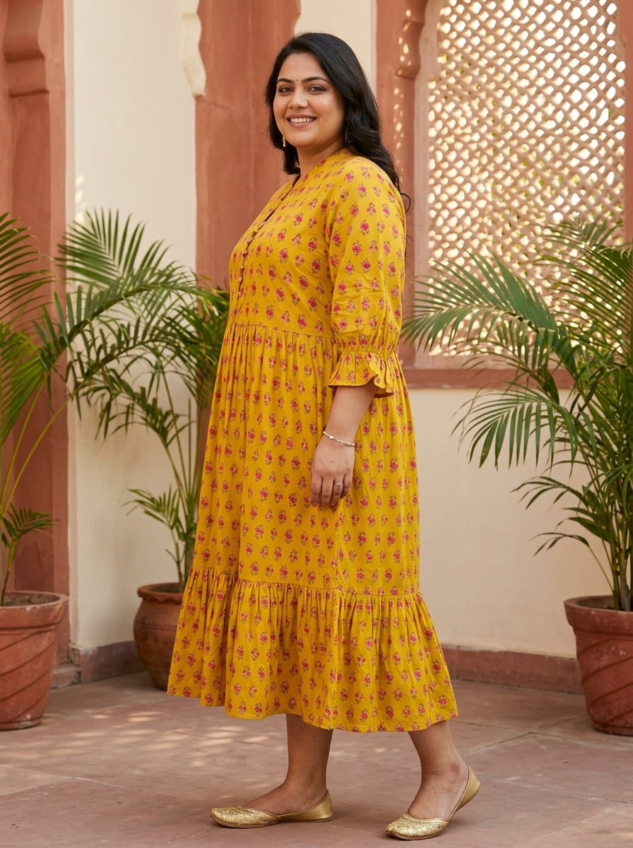 Plus Size Yellow Cotton Flared Frock Style-600044