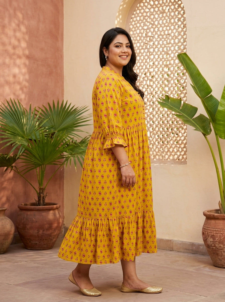 Plus Size Yellow Cotton Flared Frock Style-600044