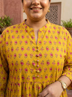 Plus Size Yellow Cotton Flared Frock Style-600044