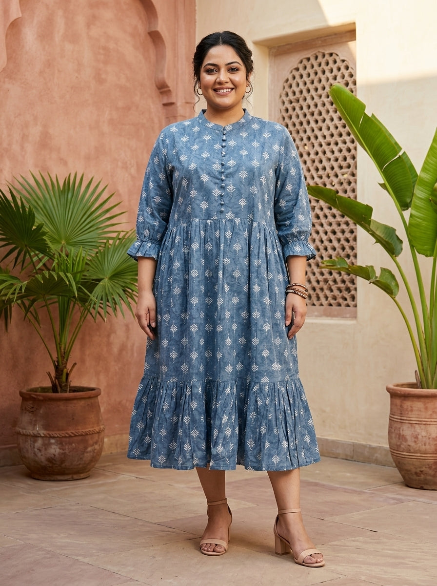 Grey Cotton Flared Frock Style Plus Size-600045 Main image