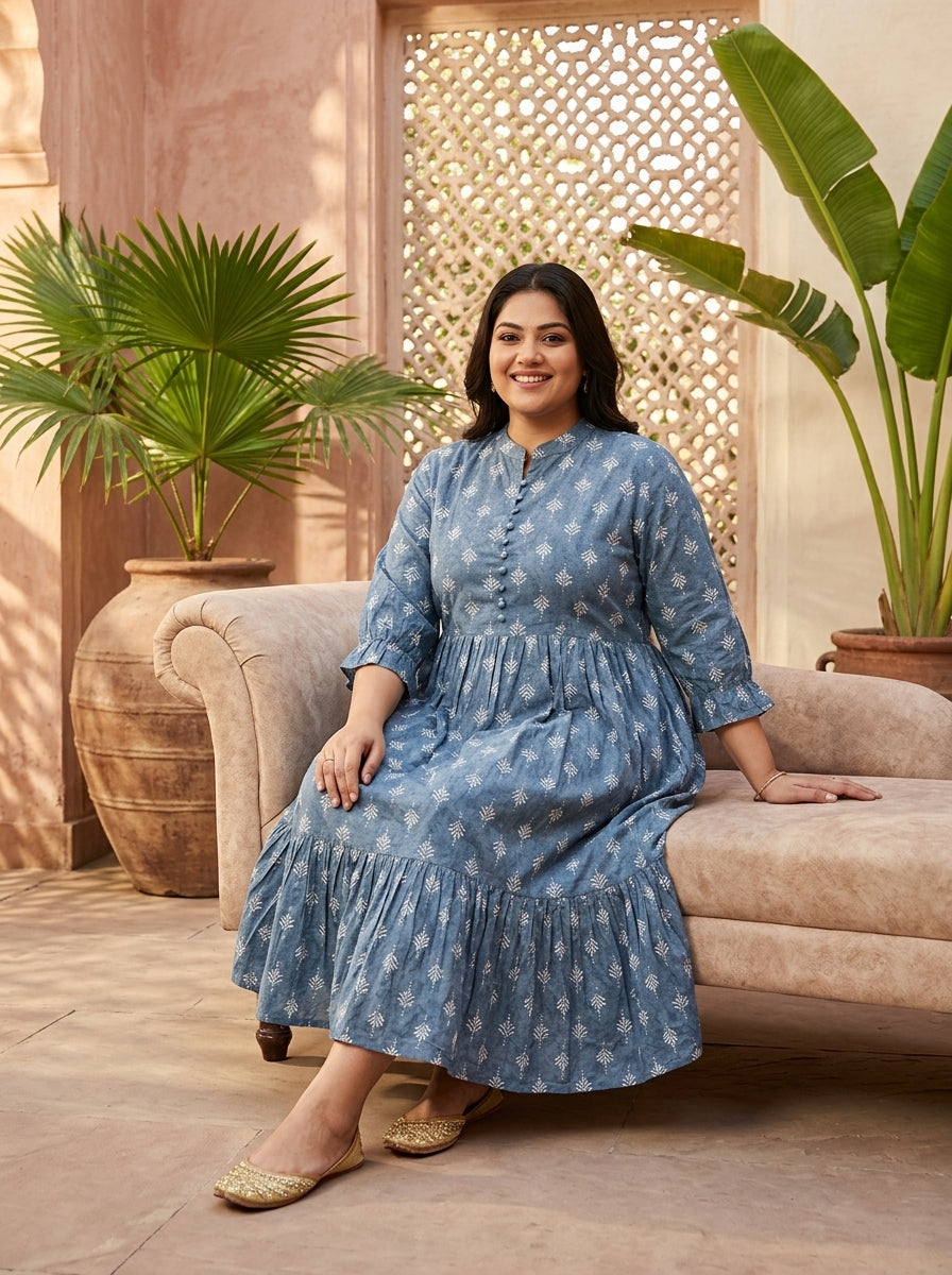 Grey Cotton Flared Frock Style Plus Size-600045 Secondary image