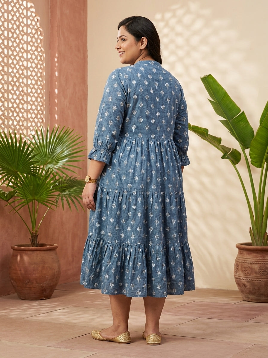 Grey Cotton Flared Frock Style Plus Size-600045
