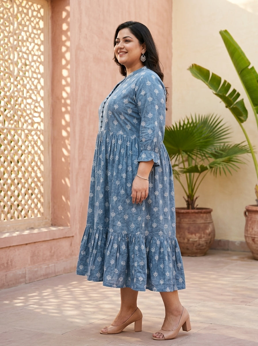 Grey Cotton Flared Frock Style Plus Size-600045