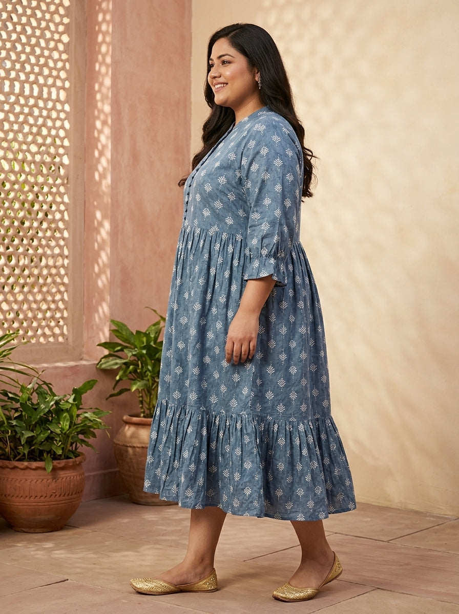 Grey Cotton Flared Frock Style Plus Size-600045