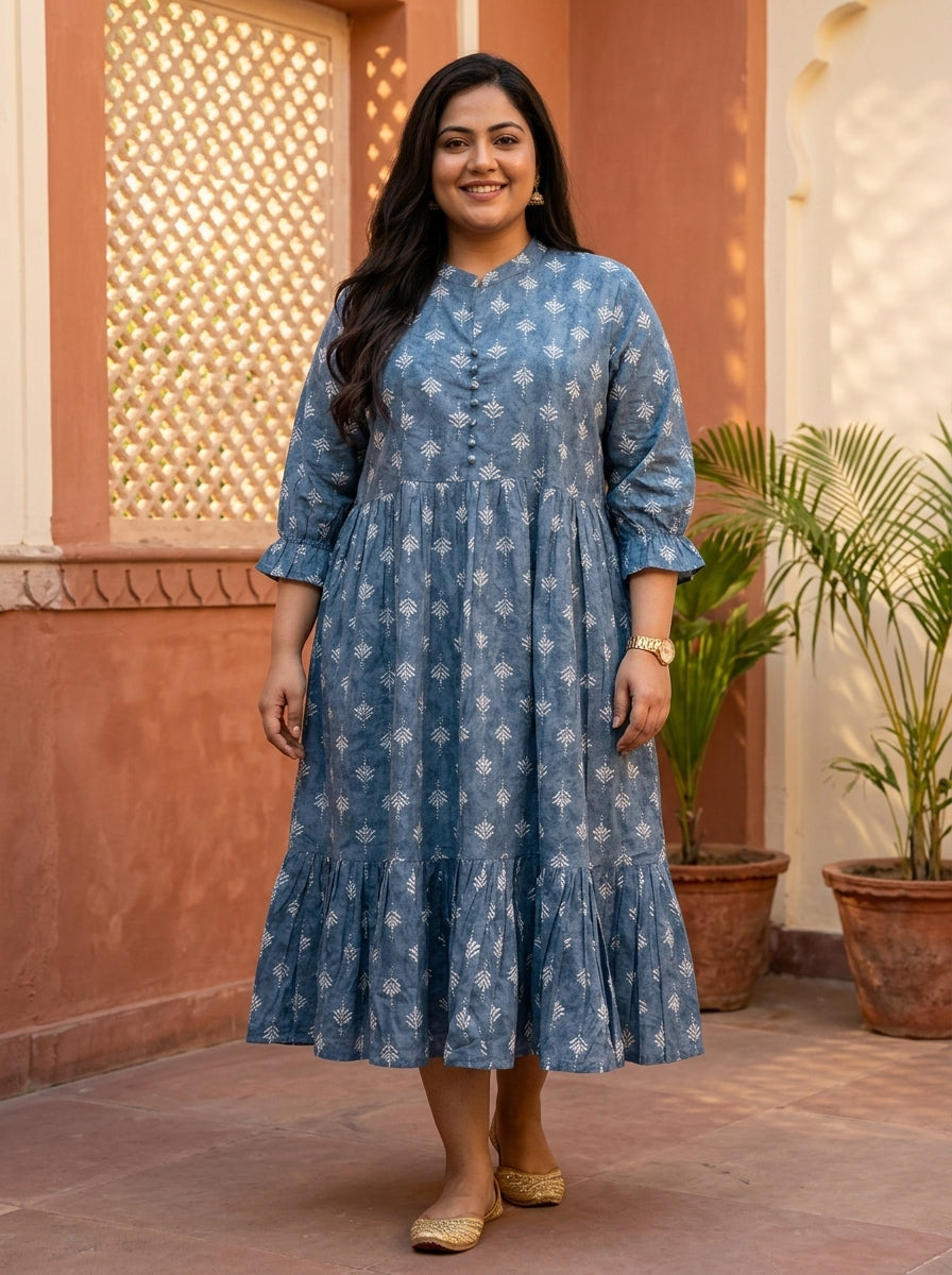 Grey Cotton Flared Frock Style Plus Size-600045