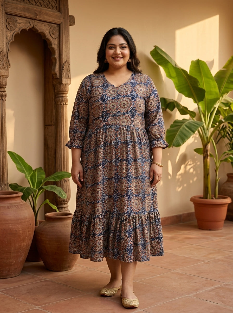 Blue Cotton Flared Frock Style Plus Size-600046