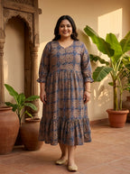 Blue Cotton Flared Frock Style Plus Size-600046