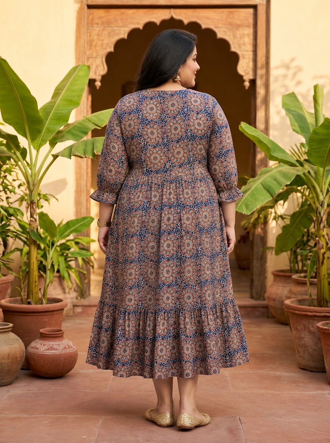 Blue Cotton Flared Frock Style Plus Size-600046
