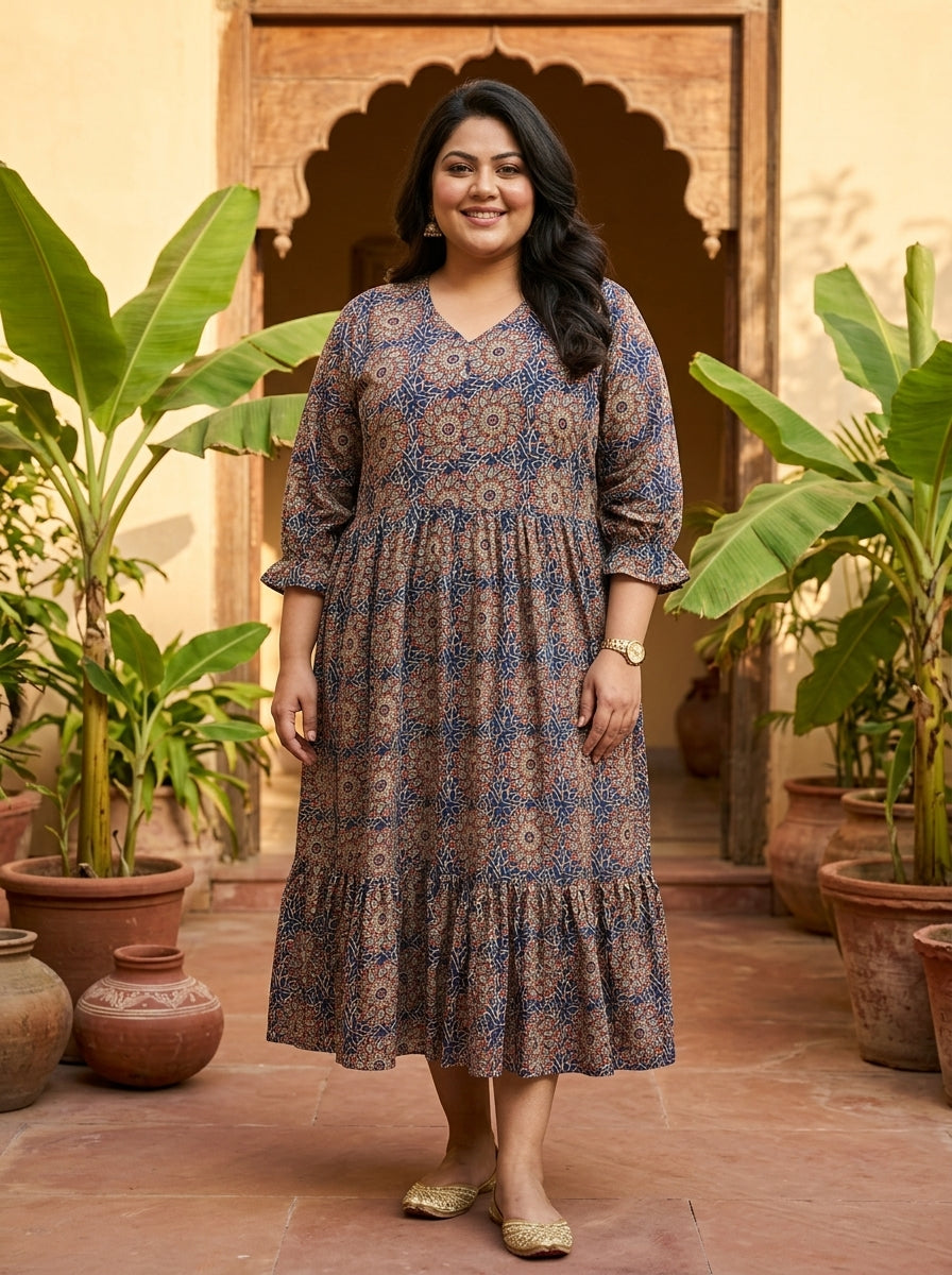 Blue Cotton Flared Frock Style Plus Size-600046