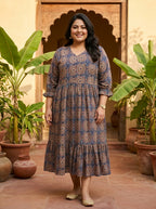Blue Cotton Flared Frock Style Plus Size-600046