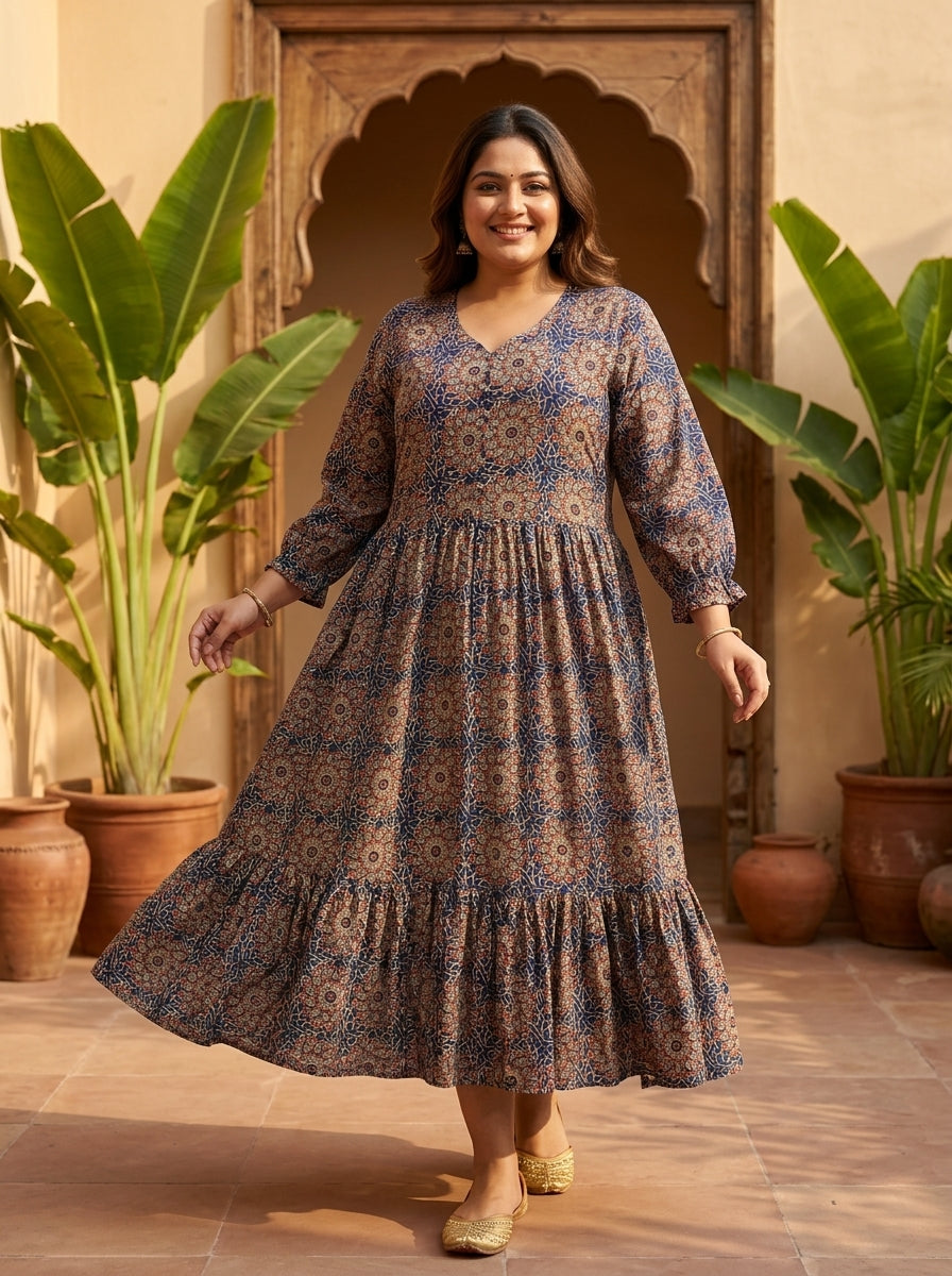 Blue Cotton Flared Frock Style Plus Size-600046