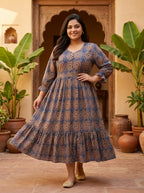 Blue Cotton Flared Frock Style Plus Size-600046