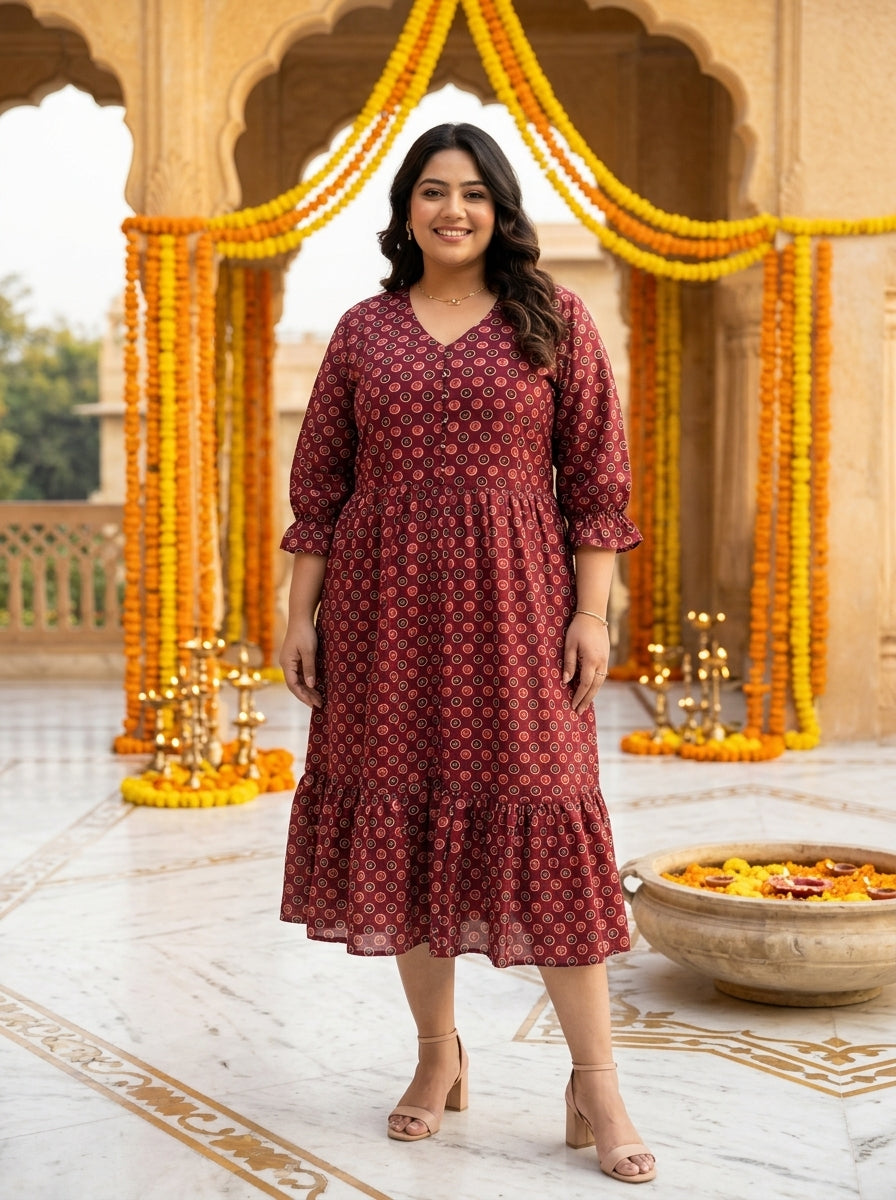 Plus Size Maroon Cotton Flared Frock Style-600047