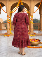 Plus Size Maroon Cotton Flared Frock Style-600047