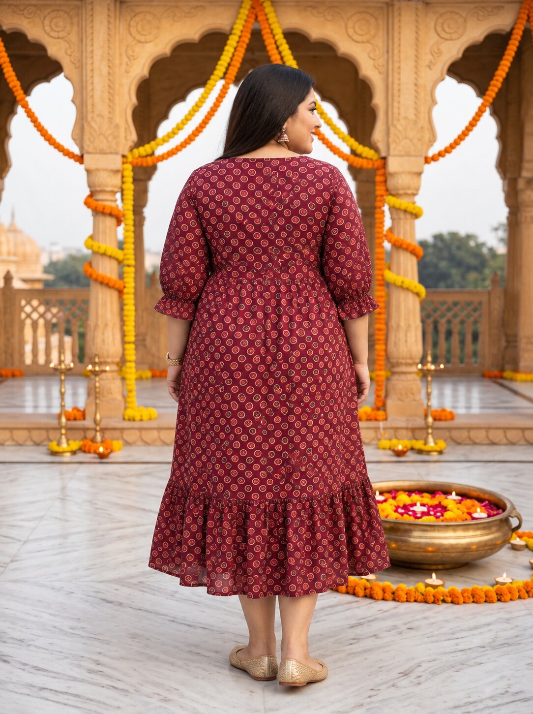 Plus Size Maroon Cotton Flared Frock Style-600047