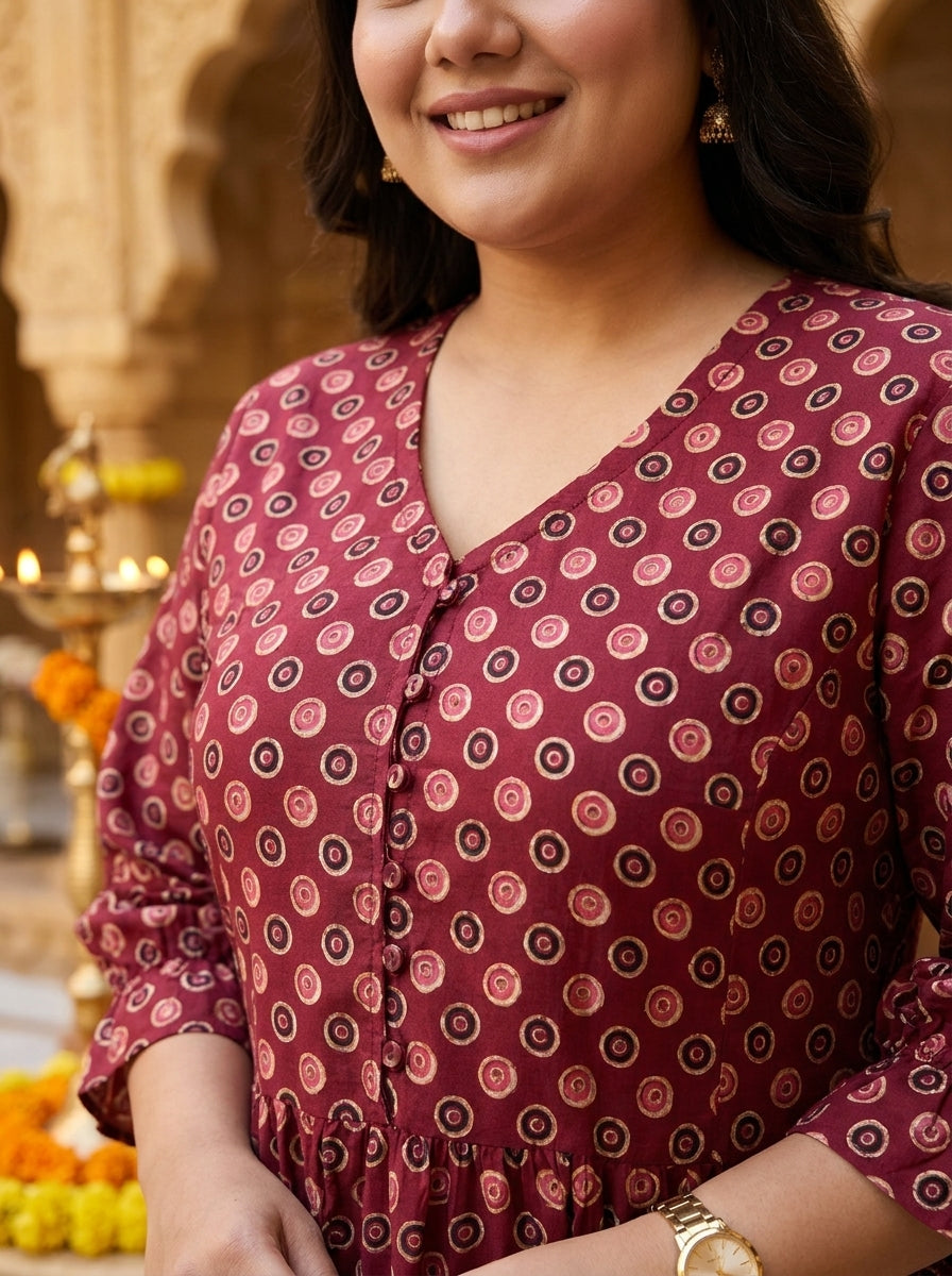 Plus Size Maroon Cotton Flared Frock Style-600047