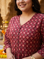 Plus Size Maroon Cotton Flared Frock Style-600047