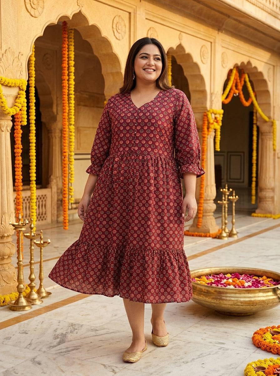 Plus Size Maroon Cotton Flared Frock Style-600047