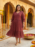 Plus Size Maroon Cotton Flared Frock Style-600047