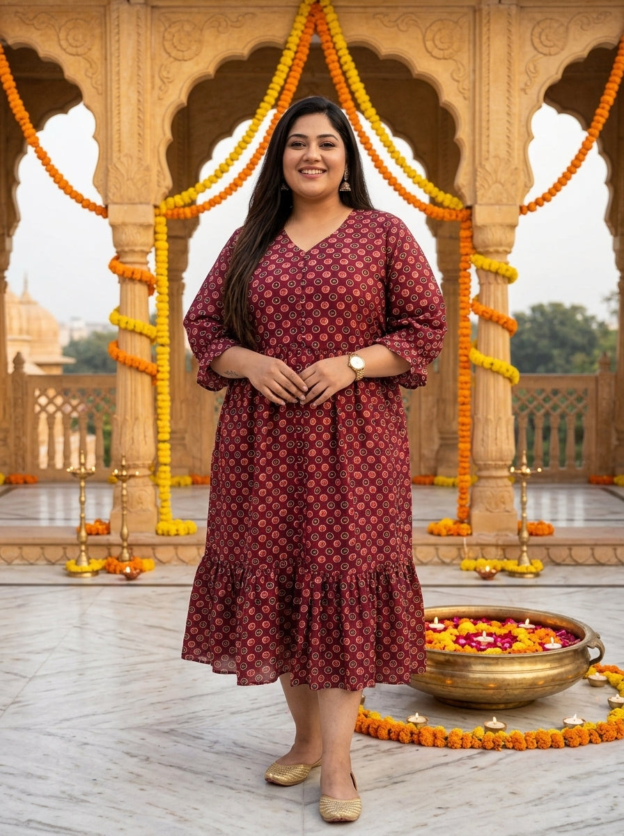 Plus Size Maroon Cotton Flared Frock Style-600047