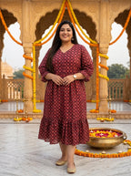 Plus Size Maroon Cotton Flared Frock Style-600047