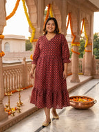 Plus Size Maroon Cotton Flared Frock Style-600047