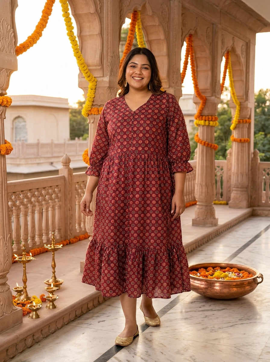 Plus Size Maroon Cotton Flared Frock Style-600047