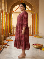 Plus Size Maroon Cotton Flared Frock Style-600047