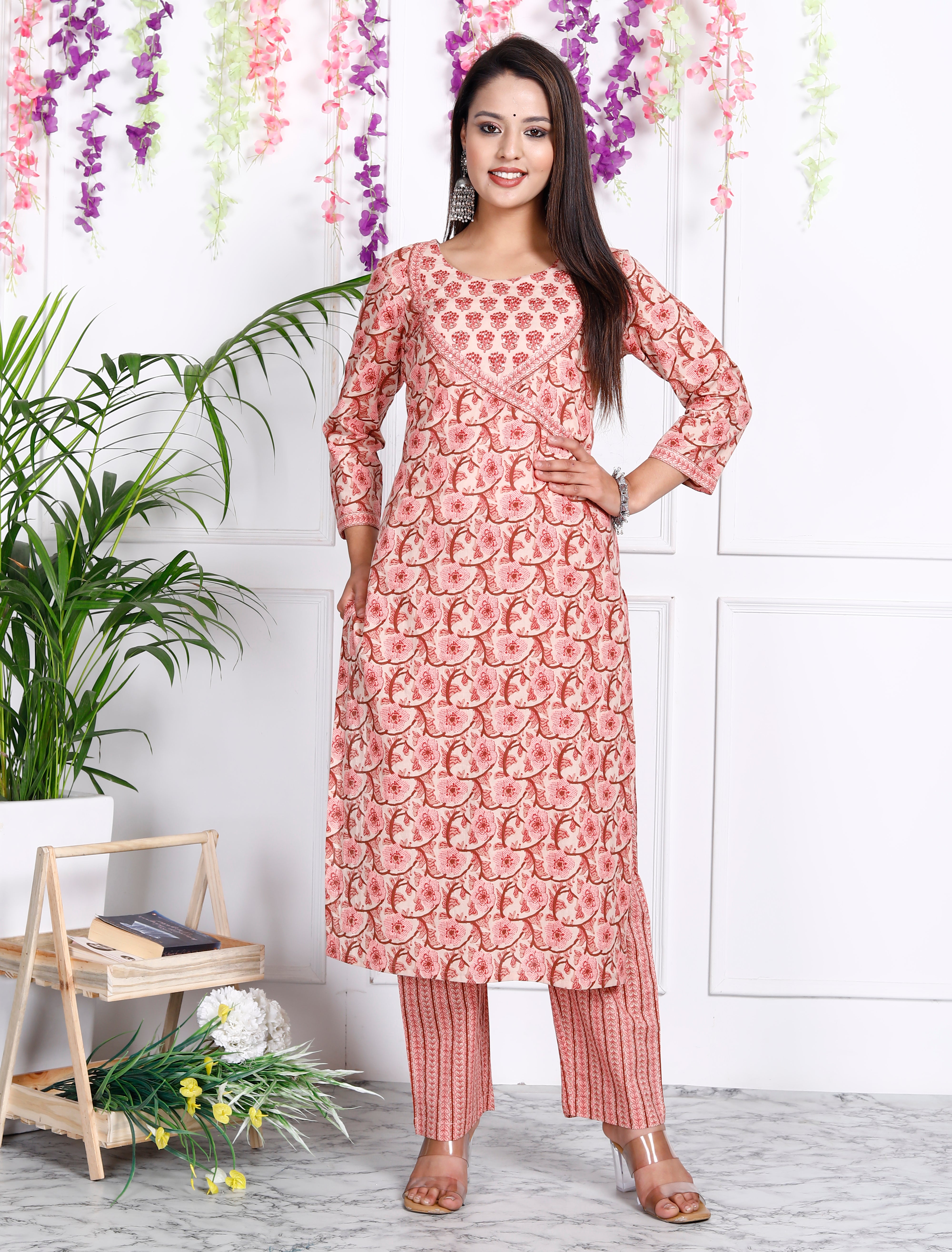 Hand Work Pink Cotton Printed Kurta Pant Set with Dupatta-800043