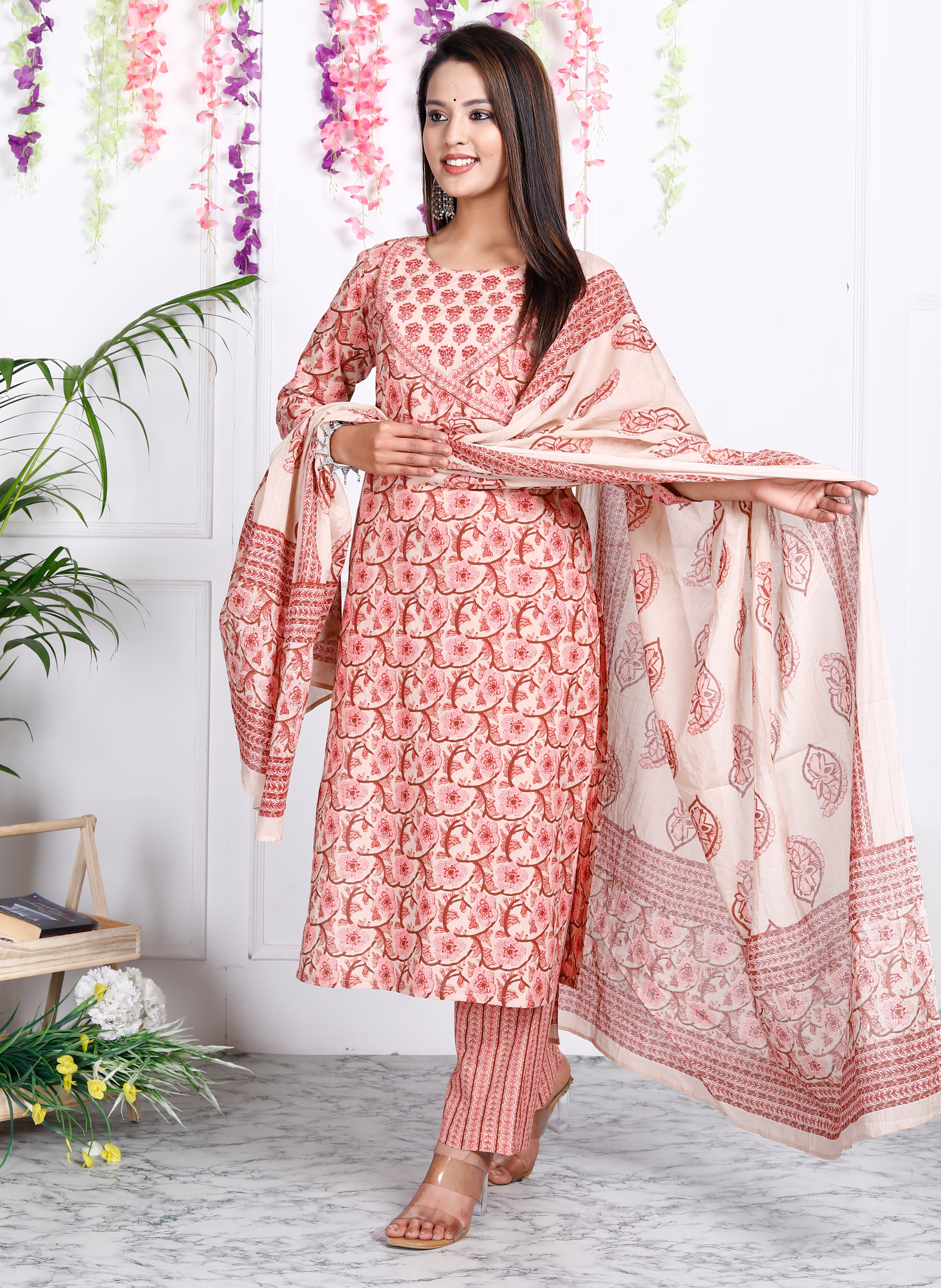 Hand Work Pink Cotton Printed Kurta Pant Set with Dupatta-800043