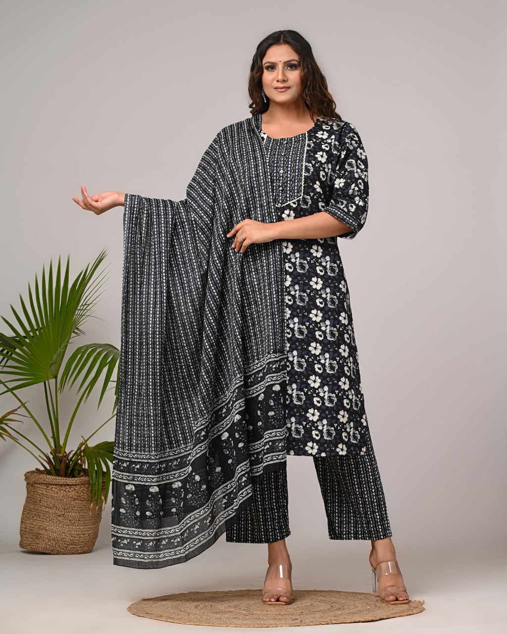 Plus Size Hand Work Black Cotton Printed Kurta Pant Set with Dupatta-800045